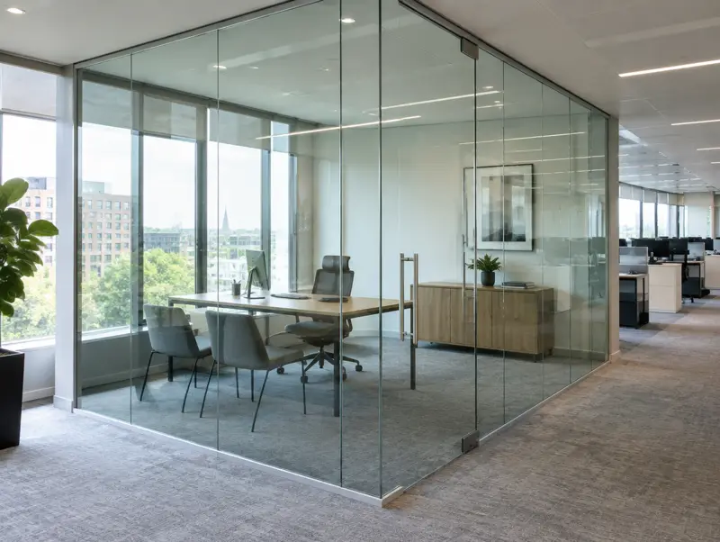 Frameless glass partitions in a modern office (illustrative)