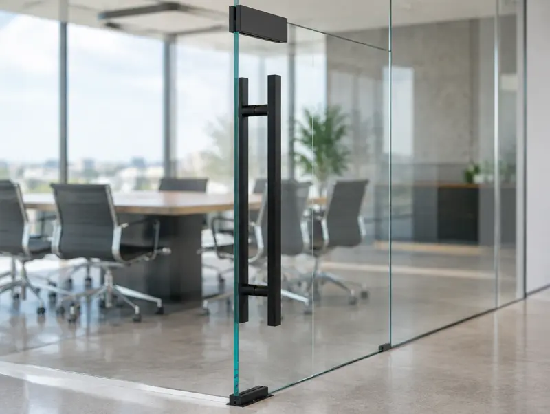 Frameless glass doors in a modern office (illustrative)