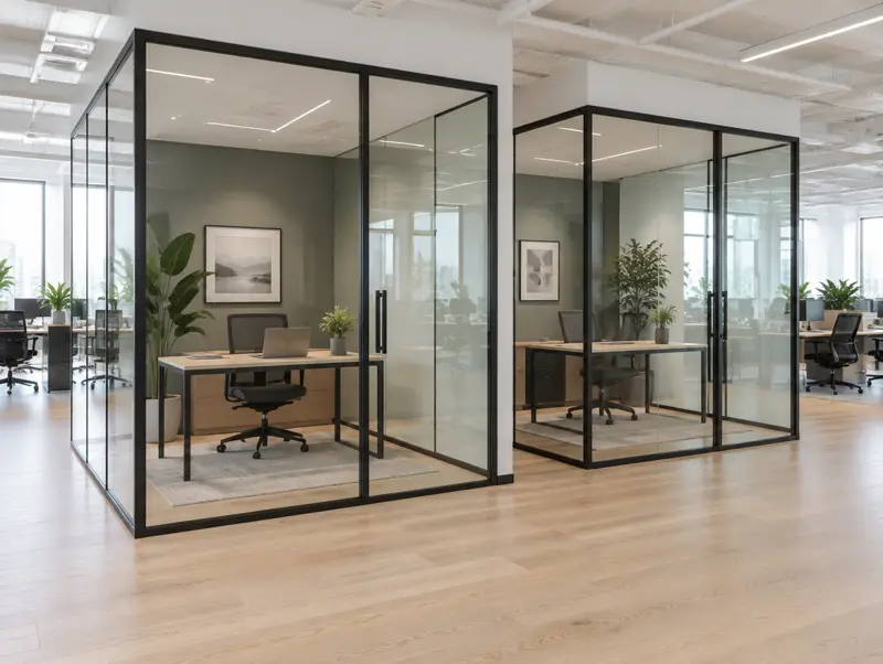 Glass private offices and pods in a modern office (illustrative)