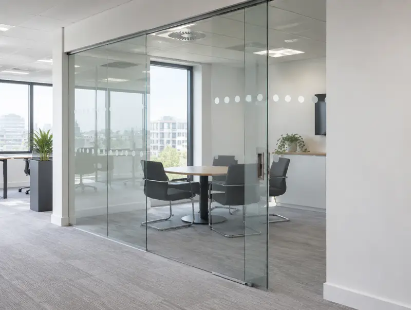 Sliding glass doors in a modern office (illustrative)