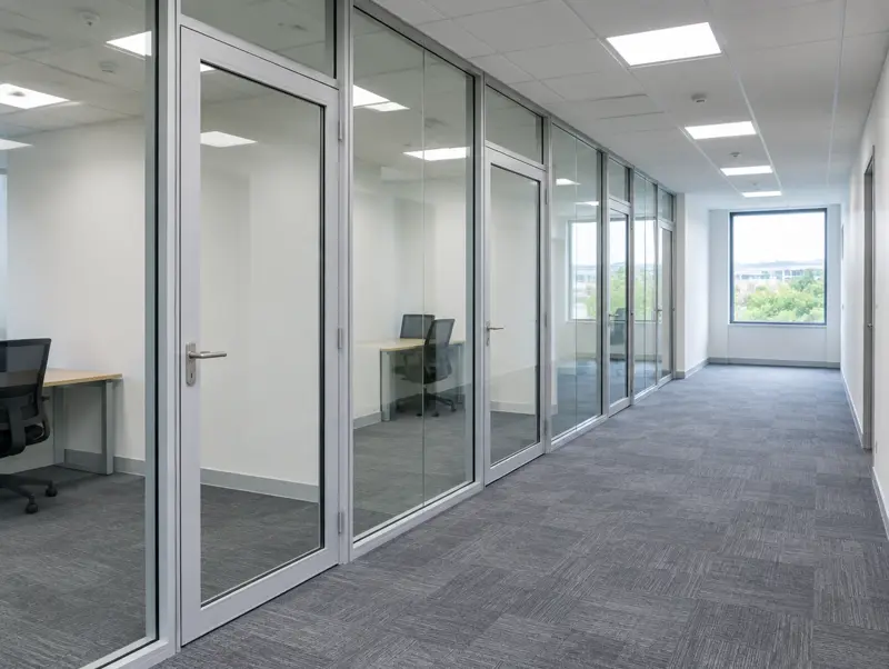 Framed glass partitions in a modern office (illustrative)