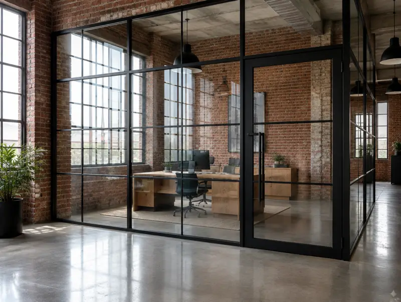 Black-framed glass partitions in a modern office (illustrative)