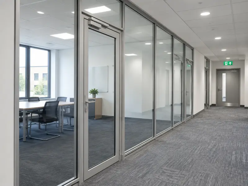 Fire-rated glass partitions in a modern office (illustrative)