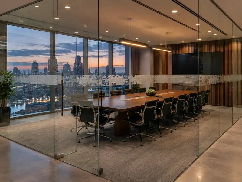 Glass meeting rooms and boardrooms in a modern office (illustrative)