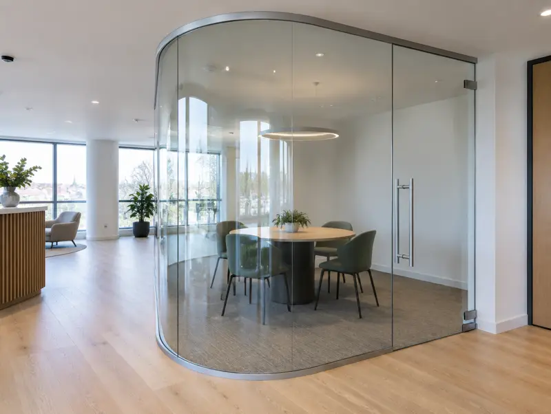 Curved glass partitions in a modern office (illustrative)