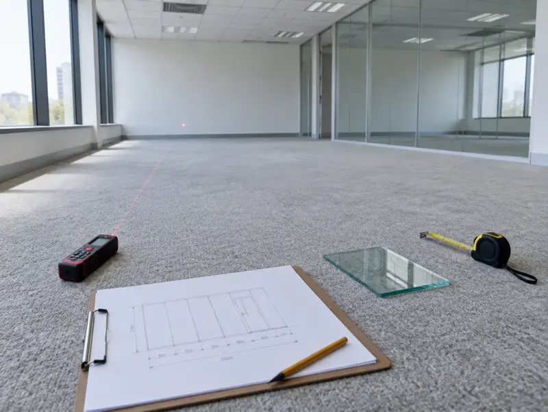 Survey of an office floor for a glass partition with a laser measure and sketch drawings