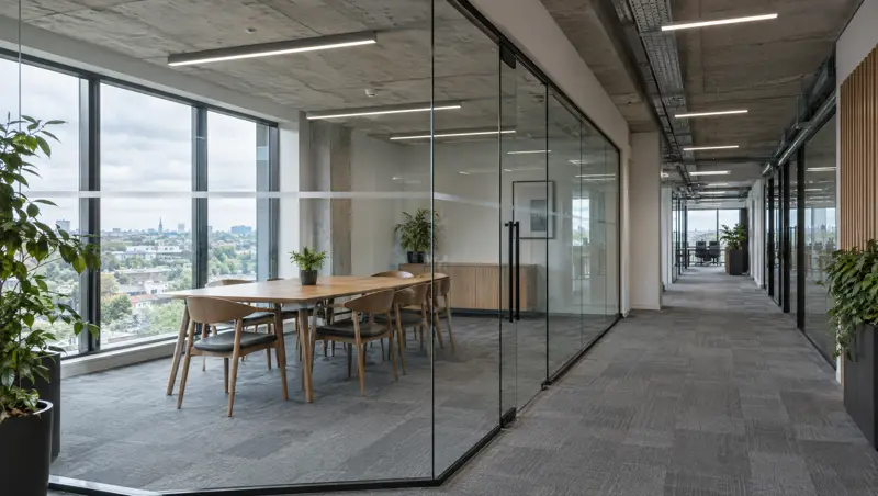 Frameless meeting room with a pivot door. Frameless glass meeting room with a pivot door along an office corridor (illustrative)