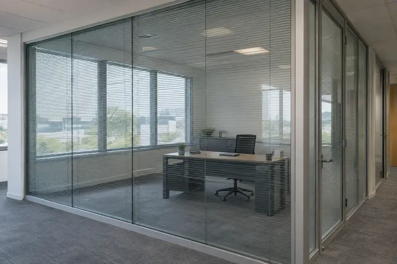 Integral blinds between the panes. Double glazed glass partition with integral venetian blinds between the panes (illustrative)