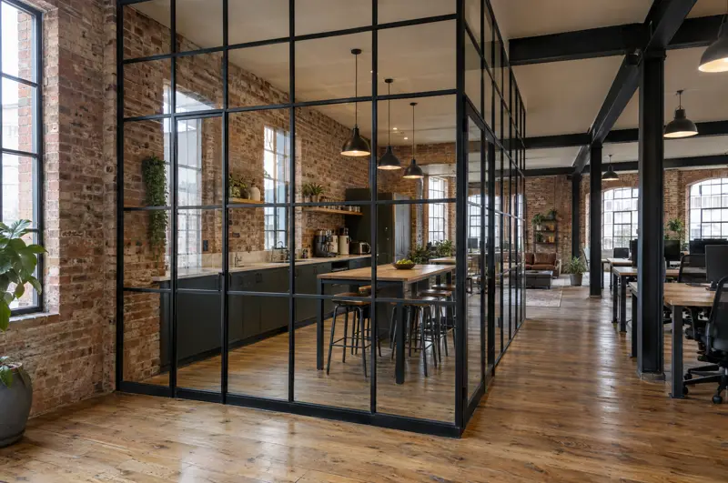 Black-framed partition in a warehouse conversion. Black framed steel-look glass partition in a converted warehouse office (illustrative)