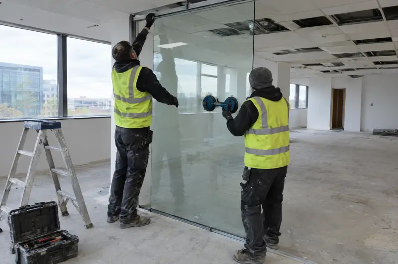 Panels lifted in with a vacuum lifter. Glazing installers fitting a toughened glass partition panel with a suction lifter (illustrative)