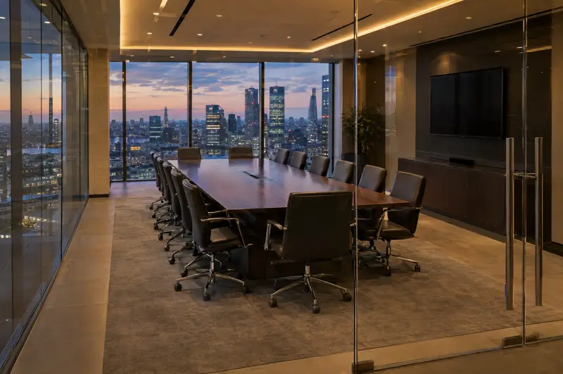 Double glazed boardroom with frameless double doors. Glass boardroom with double glazed walls and a frameless double door (illustrative)