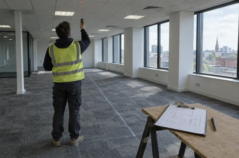 Laser survey before drawings are made. Surveyor measuring an office floor for glass partitions with a laser measure (illustrative)