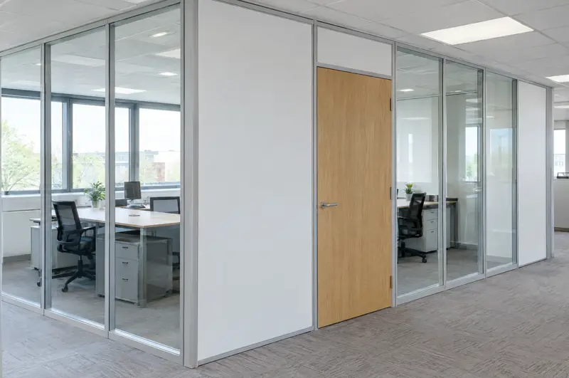 Demountable modular glass and solid panels. Demountable modular glass partition with glazed and solid modules (illustrative)