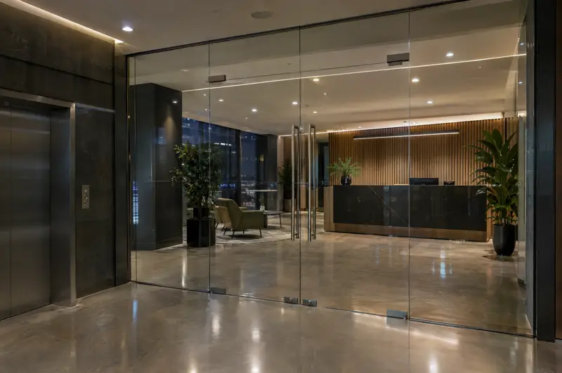 Glazed office front onto a lift lobby. Glazed office front with frameless double doors onto a lift lobby (illustrative)