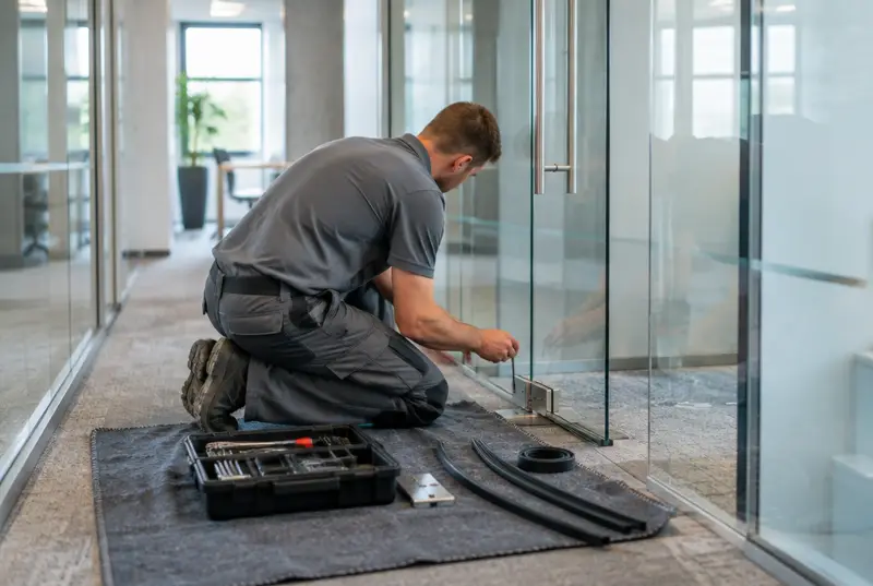 Adjusting a floor spring pivot. Engineer adjusting the bottom pivot of a frameless glass door (illustrative)